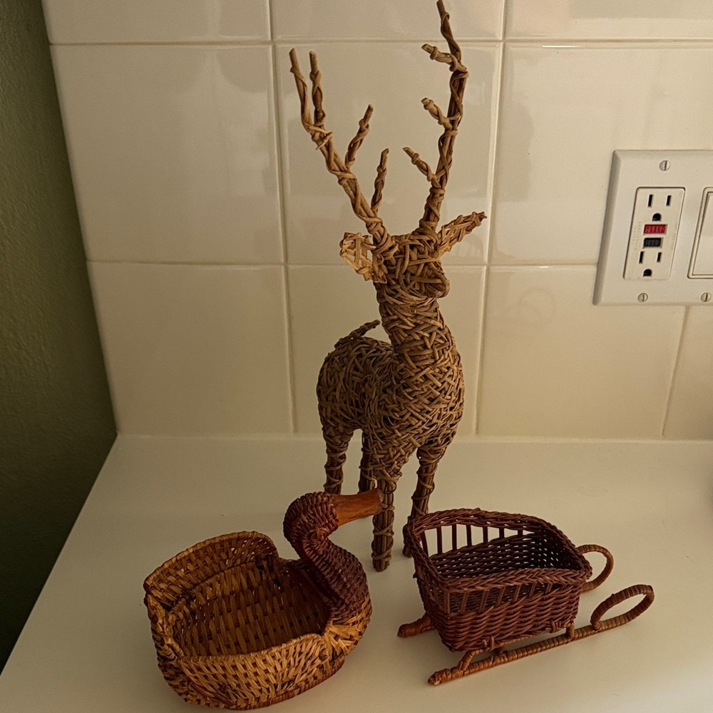 Vintage Wicker Deer and Basket Set